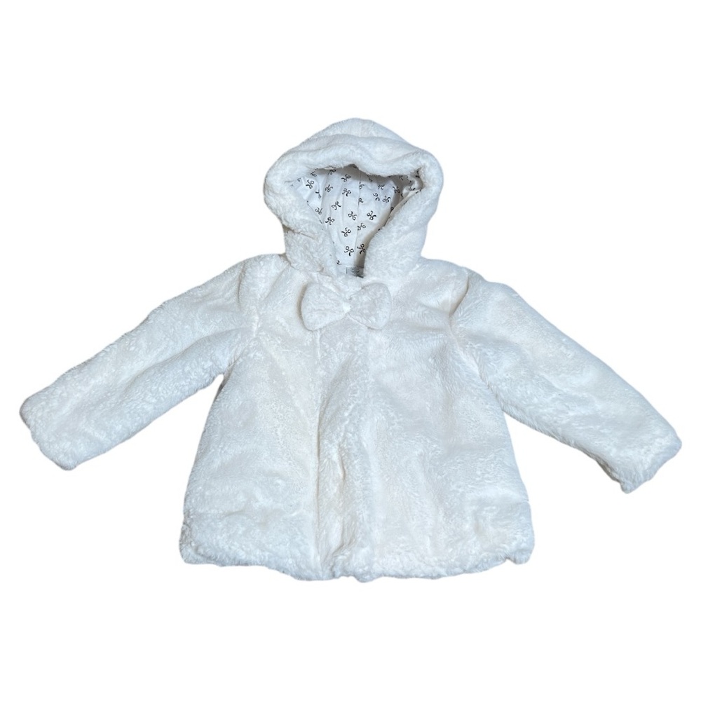 Girls “Little Me” Jacket White Faux Fur Hooded Coat Bow Zip Closure, 24 Months